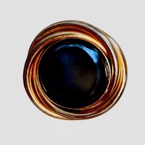 Large Circular Brooch Golden Brass Swirl Smooth Black Center Stone